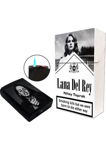Lana Del Rey Baskılı Sigara Tabakası ve Kaydırmalı Çakmak Seti Kişiye Özel Isimli (Tabaka Isimlidir)