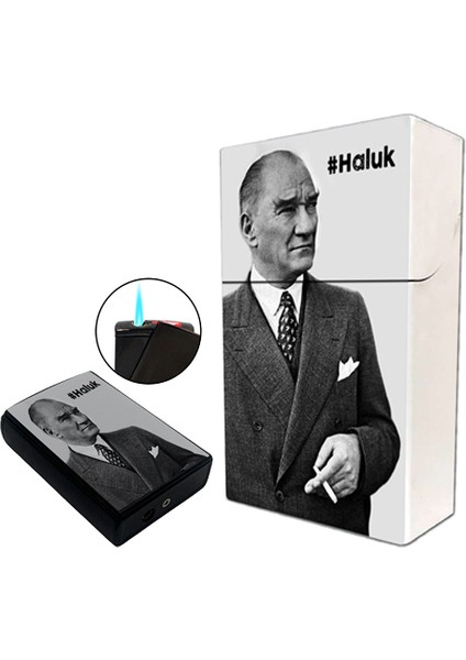 Atatürk Baskılı Sigara Tabakası ve Kaydırmalı Çakmak Seti Kişiye Özel Isimli