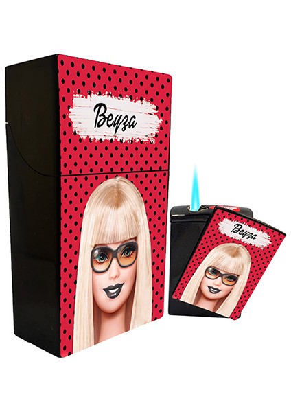 Barbie Baskılı Sigara Tabakası ve Kaydırmalı Çakmak Seti Kişiye Özel Isimli