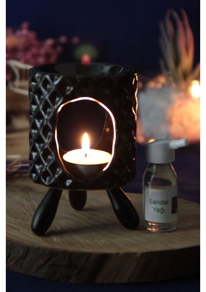 Buhurdanlık Siyah Seramik Ahşap Ayaklı & Buhur Koku Mum Set