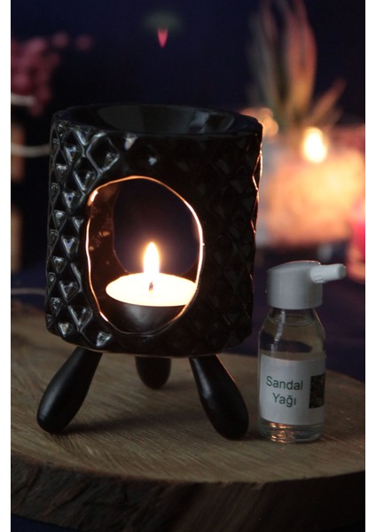 Buhurdanlık Siyah Seramik Ahşap Ayaklı & Buhur Koku Mum Set fiyatları
