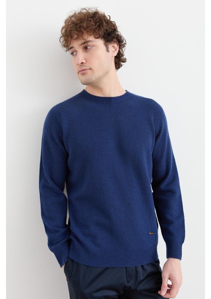 Erkek Sıfır Yaka Basic Yün Kazak Indigo
