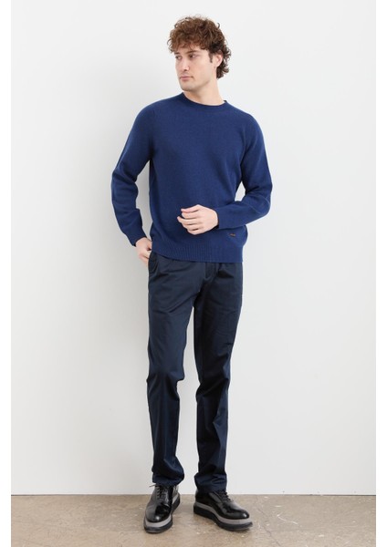 Erkek Sıfır Yaka Basic Yün Kazak Indigo