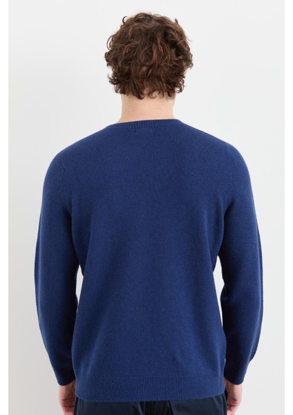 Erkek Sıfır Yaka Basic Yün Kazak Indigo