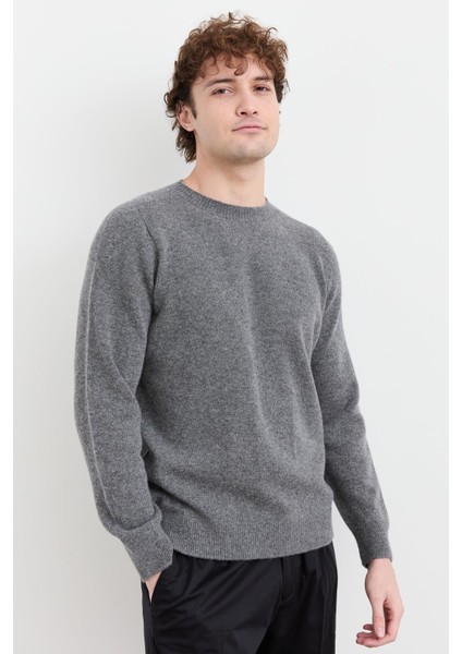 Erkek Sıfır Yaka Basic Yün Kazak Füme