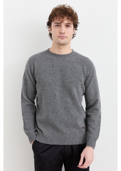 Erkek Sıfır Yaka Basic Yün Kazak Füme