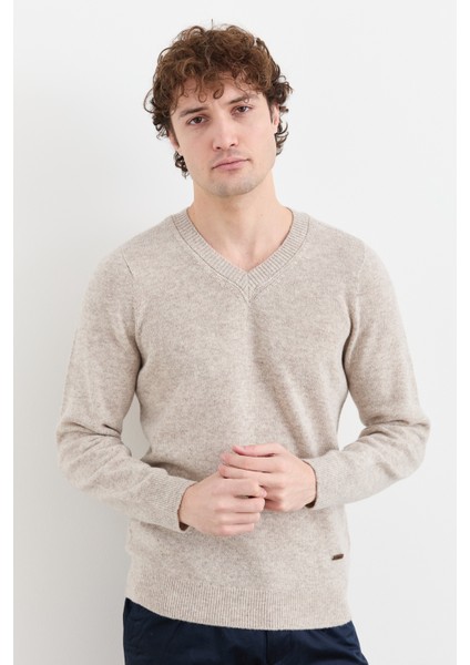 Erkek V Yaka Basic Yün Kazak V.bej fiyatları