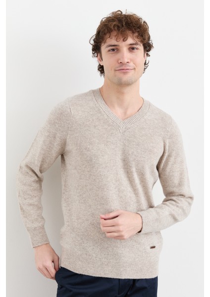 Erkek V Yaka Basic Yün Kazak V.bej modelleri