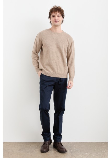 Erkek Sıfır Yaka Klasik Yün Kazak K.bej