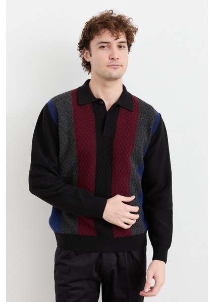 Erkek Polo Yaka Önü Desenli Yün Kazak Siyah