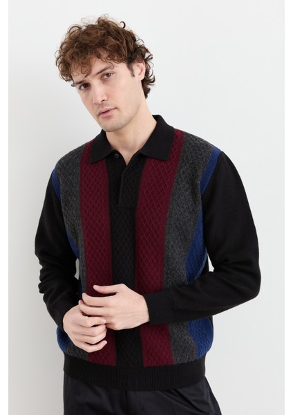 Erkek Polo Yaka Önü Desenli Yün Kazak Siyah