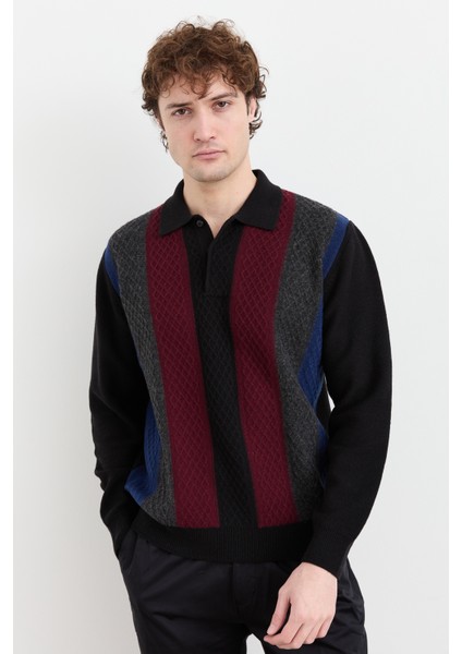 Erkek Polo Yaka Önü Desenli Yün Kazak Siyah