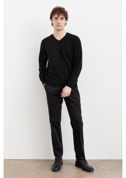 Erkek V Yaka Basic Yün Kazak Siyah