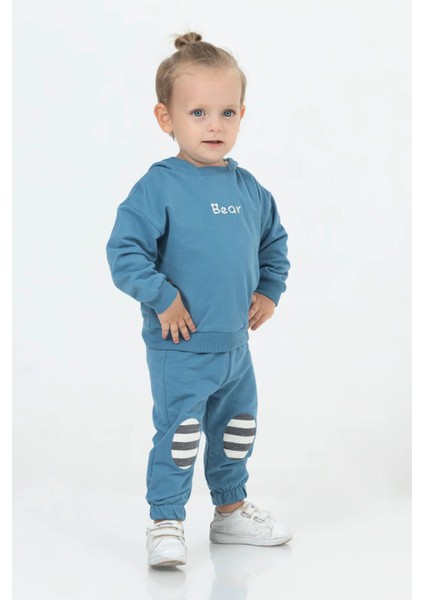 23701 Erkek Bebek Bear Nakışlı Iki Iplik Indigo Eşofman Takımı
