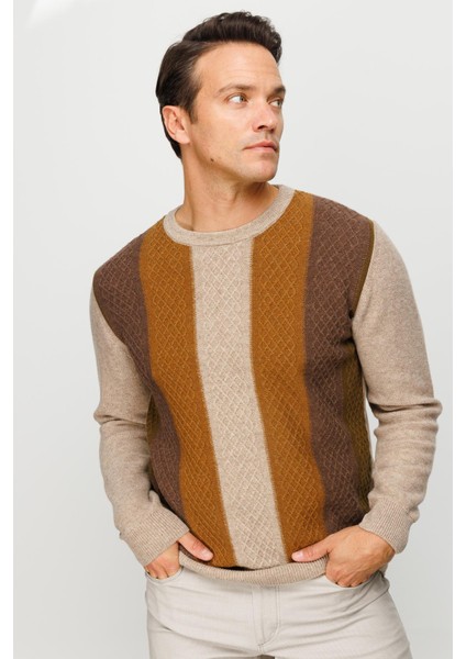 Erkek Sıfır Yaka Önü Renkli Yürütmeli Yün Kazak K.bej