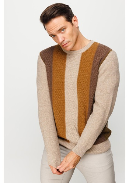 Erkek Sıfır Yaka Önü Renkli Yürütmeli Yün Kazak K.bej fiyatları