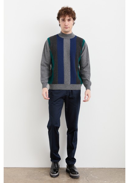 Erkek Yarım Balıkçı Yaka Önü Renkli Yün Kazak Füme