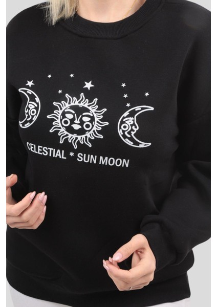 9016M Sun Moon Baskı Sweat Siyah