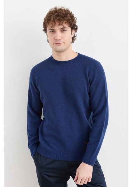 Erkek Sıfır Yaka Basic Yün Kazak Indigo fiyatları