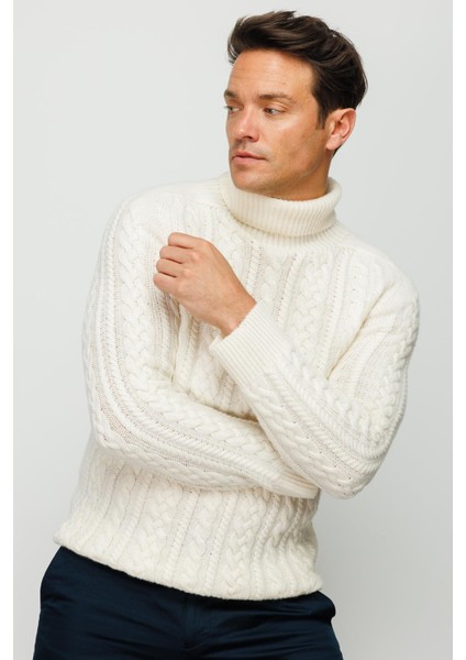 Erkek Balıkçı Yaka Saç Örgülü Yün Kazak Kemik