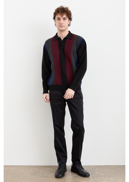 Erkek Polo Yaka Önü Desenli Yün Kazak Siyah