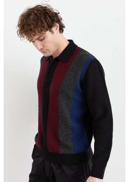 Erkek Polo Yaka Önü Desenli Yün Kazak Siyah indirimleri