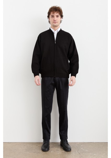 Erkek Hakim Yaka Çelik Örgü Astarlı Yün Mont Siyah