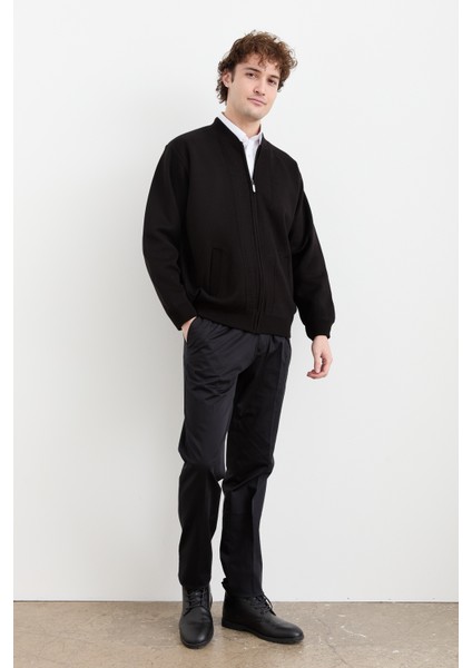 Erkek Hakim Yaka Çelik Örgü Astarlı Yün Mont Siyah