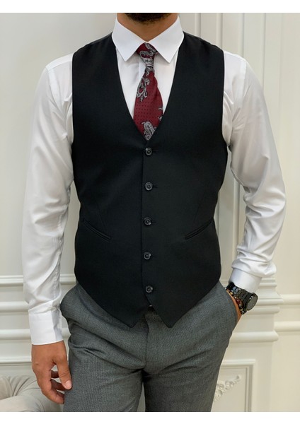 Erkek Kombinli Takım Elbise Kırlangıç Yaka Italyan Kesim Slim Fit Ceket Yelek Pantolon-Lacivert