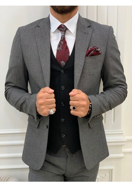 Erkek Kombinli Takım Elbise Kırlangıç Yaka Italyan Kesim Slim Fit Ceket Yelek Pantolon-Lacivert