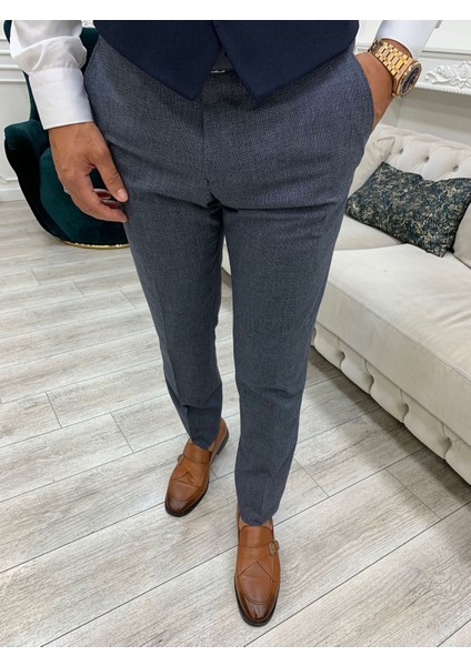 Erkek Kombinli Takım Elbise Kırlangıç Yaka Italyan Kesim Slim Fit Ceket Yelek Pantolon-Lacivert