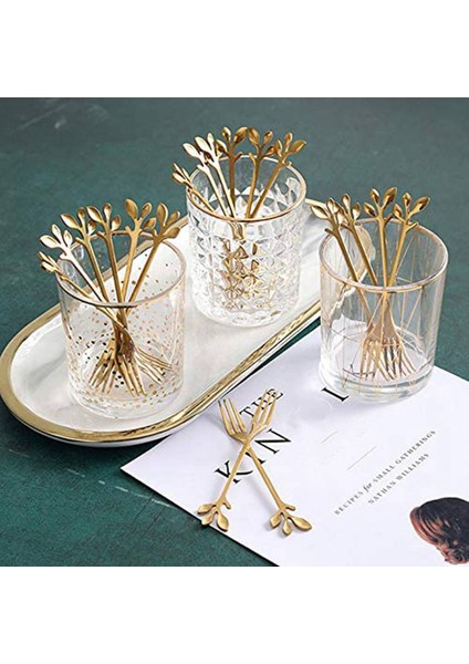 32PCS Tatlı Kaşığı ve Çatal Seti Kek Çatalı Kahve Kaşığı Yaratıcı Meyve Çatalı Paslanmaz Çelik - Altın (Yurt Dışından)