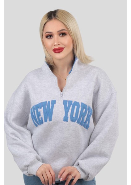 3623 New York Baskılı Fermuarlı Sweat Gri