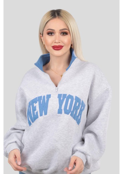 3623 New York Baskılı Fermuarlı Sweat Gri