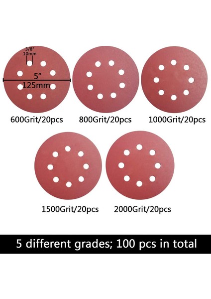 100 Adet 5 Inç 8 Delikli Cırt Cırtlı Zımpara Diski Zımpara Kağıdı, Rastgele Parça Zımpara Makineleri Için 20 Adet Her Biri 600 800 1000 1500 2000 Kum Zımpara Kağıdı (Yurt Dışından)