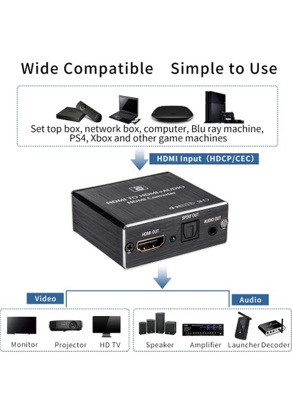 HDMI Ses Çıkarıcı Hdcp Cec + Optik Toslınk Spdıf + 3.5mm Rca Ses Dönüştürücü 4K x 2k 3D HDMI Ses Dağıtıcı Adaptörü (Yurt Dışından)