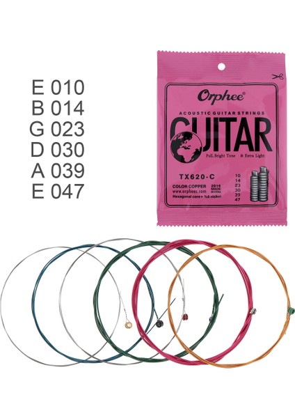 Orphee 6 Adet/takım Akustik Gitar Telleri Çok Renkli Bakır Teller Tam Parlak Ton ve Ekstra Işık ile TX620-C (Yurt Dışından)