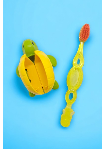 Sarı Kids 3-7 Yaş Diş Fırçası ve Flipper Hijyenik Saklama Kabı Seti - Kaplumbağa Figürlü