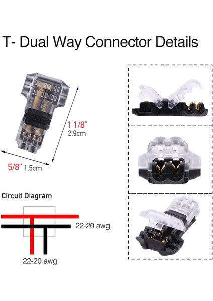 Kablo Konnektörleri - Alçak Gerilim T Tap Kablo Konektörü, 3 Yollu Kablo Konektörü, T Tipi 2 Pimli Lehimsiz 24-20 Awg'ye Uygun 12 Paket (Yurt Dışından)