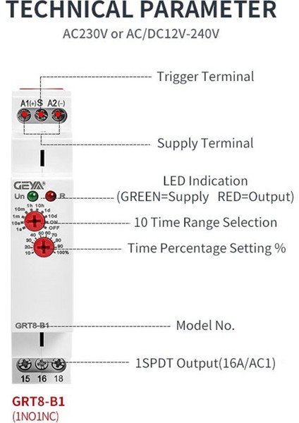 Geya Grt8-B1 Düşmede Gecikme Zaman Rölesi Zamanlayıcı Rölesi Elektronik Tip 16A, Grt8-B1 AC230V (Yurt Dışından)