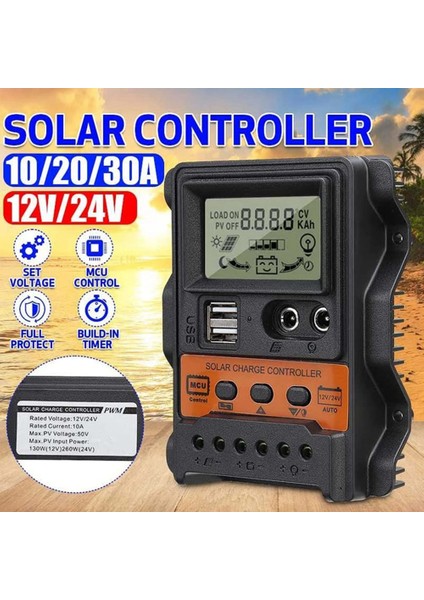 30A Solar Şarj Regülatörü 12V24V Güneş Paneli Pil Kontrol Cihazı Regülatörü Otomatik 2 USB LCD Ekran Yük Boşaltıcı (Yurt Dışından)