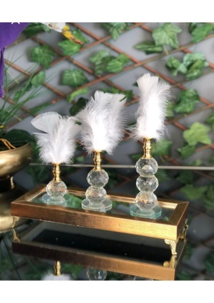Üç Adet Gold Beyaz Tüylü Kristal Cam Dekor Ürünü