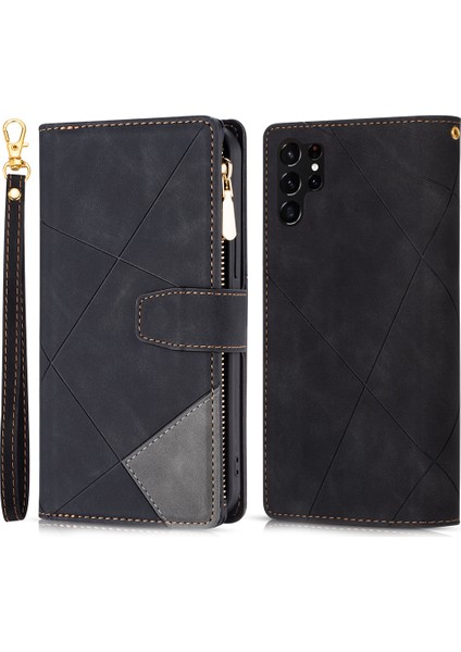 Samsung Galaxy S24 Ultra Pu Deri Fermuar Cep Çizgileri Baskılı Kapak (Yurt Dışından)