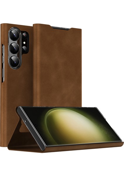 Samsung Galaxy S24 Ultra Nappa Doku Stand Kartı Tutucu Cep Telefonu Kapağı (Yurt Dışından)