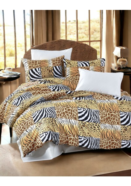Leopar ve Zebra Desenli Krem Çarşaflı 2 Yastık Kılıflı / Pamuklu Ranforce Ütü Istemez Kırışmaz Tek Kişilik Nevresim Takımı - 6157K