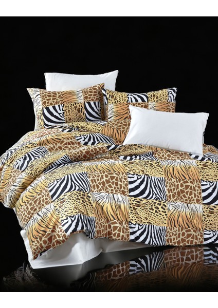 Leopar ve Zebra Desenli Krem Çarşaflı 2 Yastık Kılıflı / Pamuklu Ranforce Ütü Istemez Kırışmaz Tek Kişilik Nevresim Takımı - 6157K