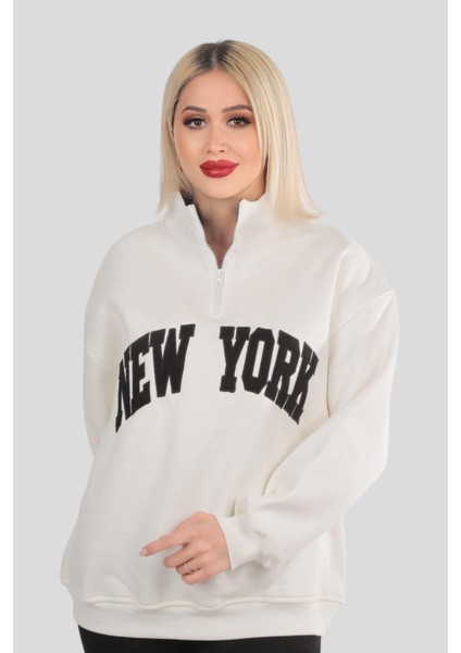 3623 New York Baskılı Fermuarlı Sweat Ekru