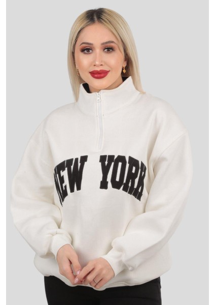 3623 New York Baskılı Fermuarlı Sweat Ekru