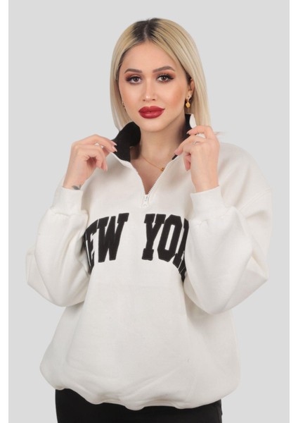 3623 New York Baskılı Fermuarlı Sweat Ekru