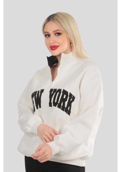 3623 New York Baskılı Fermuarlı Sweat Ekru